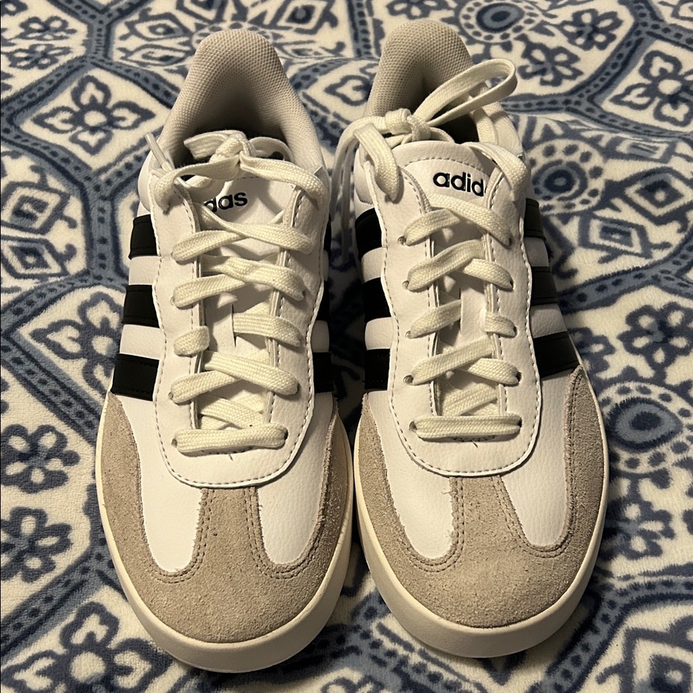 adidas White & Black Low-Top Sneakers with Beige Suede Accents